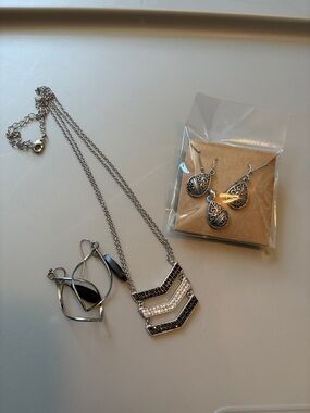 Silver Tone Layered Chevron Necklace with Black & Clear Accent Stones